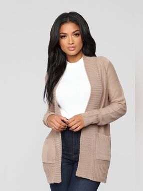 Fashion Nova Taupe Open Front Knit Cardigan Sweater with Pockets Size Small